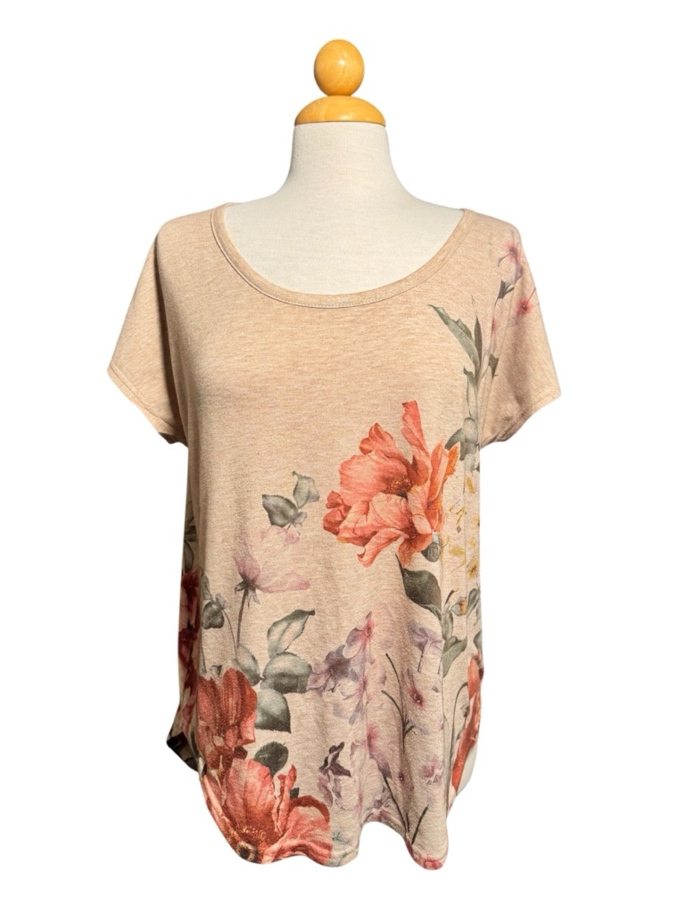 Beige Floral Scoop Neck Short Sleeve Tee
